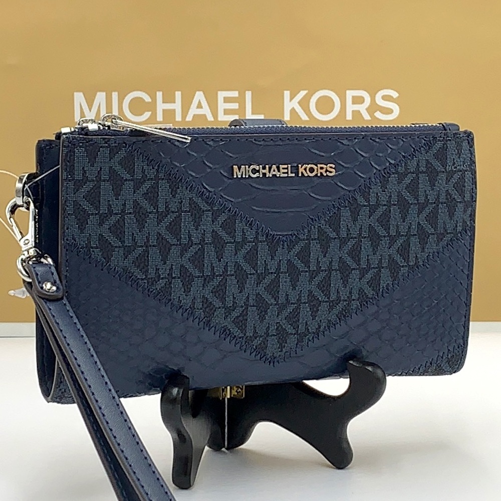 MICHAEL KORS LG DOUBLE ZIP WRISTLET WALLET NAVY MULT Crocodile Leather S…